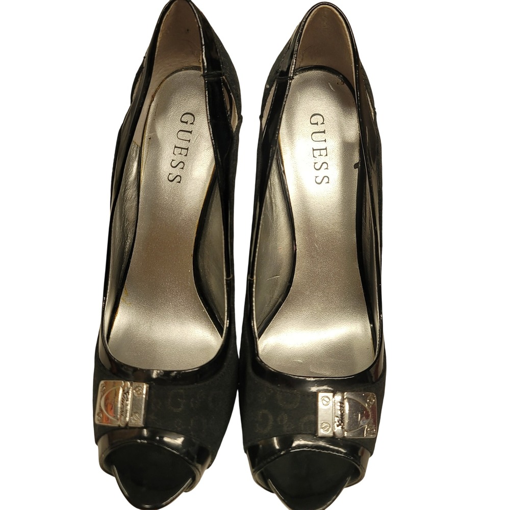 Guess Black Jacquard Peep Toe Heels Platform Stiletto Pumps Party Evening Sz 8M